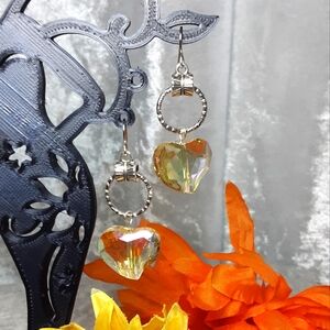 Handmade Crystal Earrings Heart Shaped yellow Silvertone